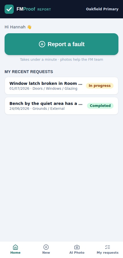 The Requester app on a phone: a Report a fault button, two recent requests with their status, and an AI Photo option in the bottom bar
